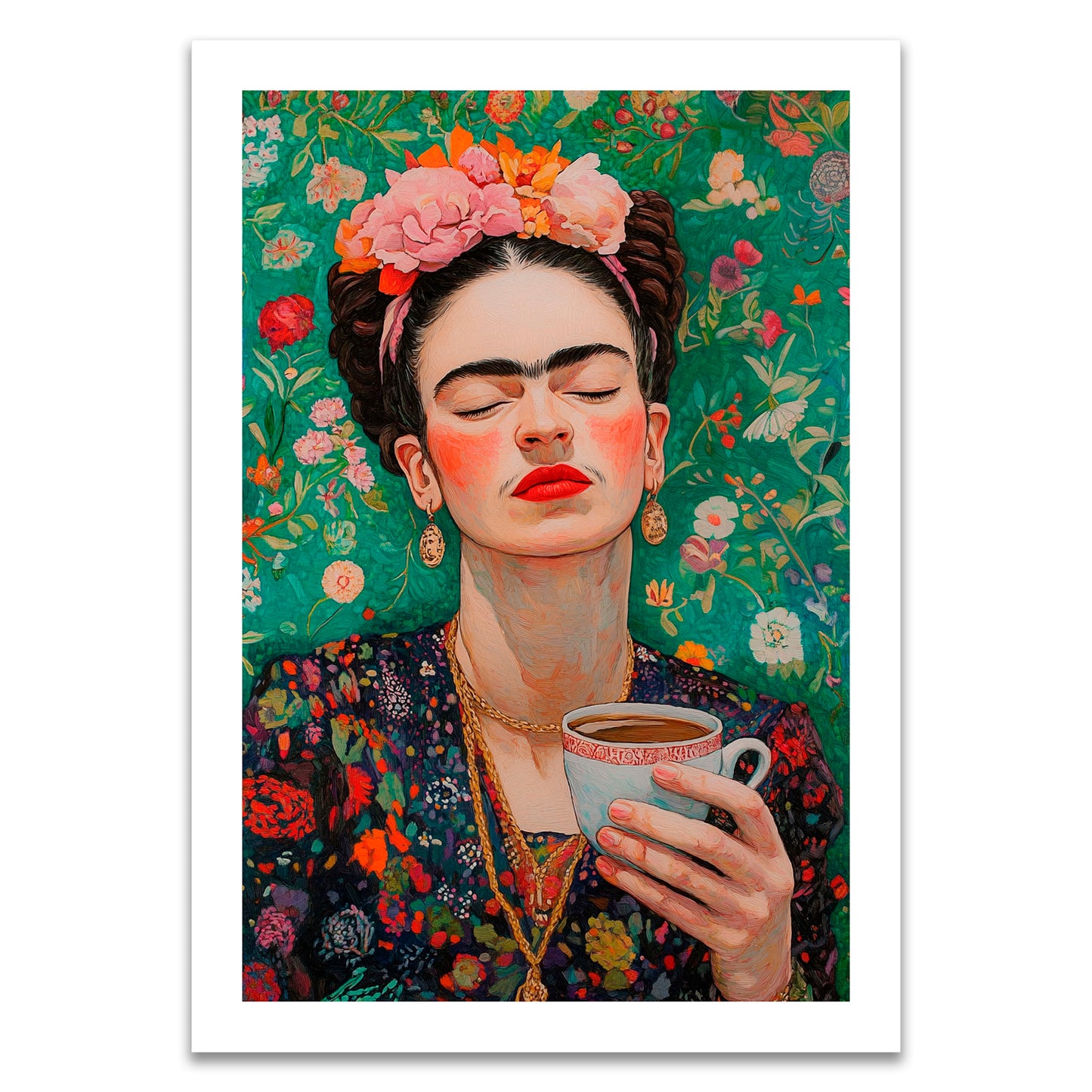 Poster - Frida Kahlo Coffee - Illustration, Wandbild, Print, Kunstdruck
