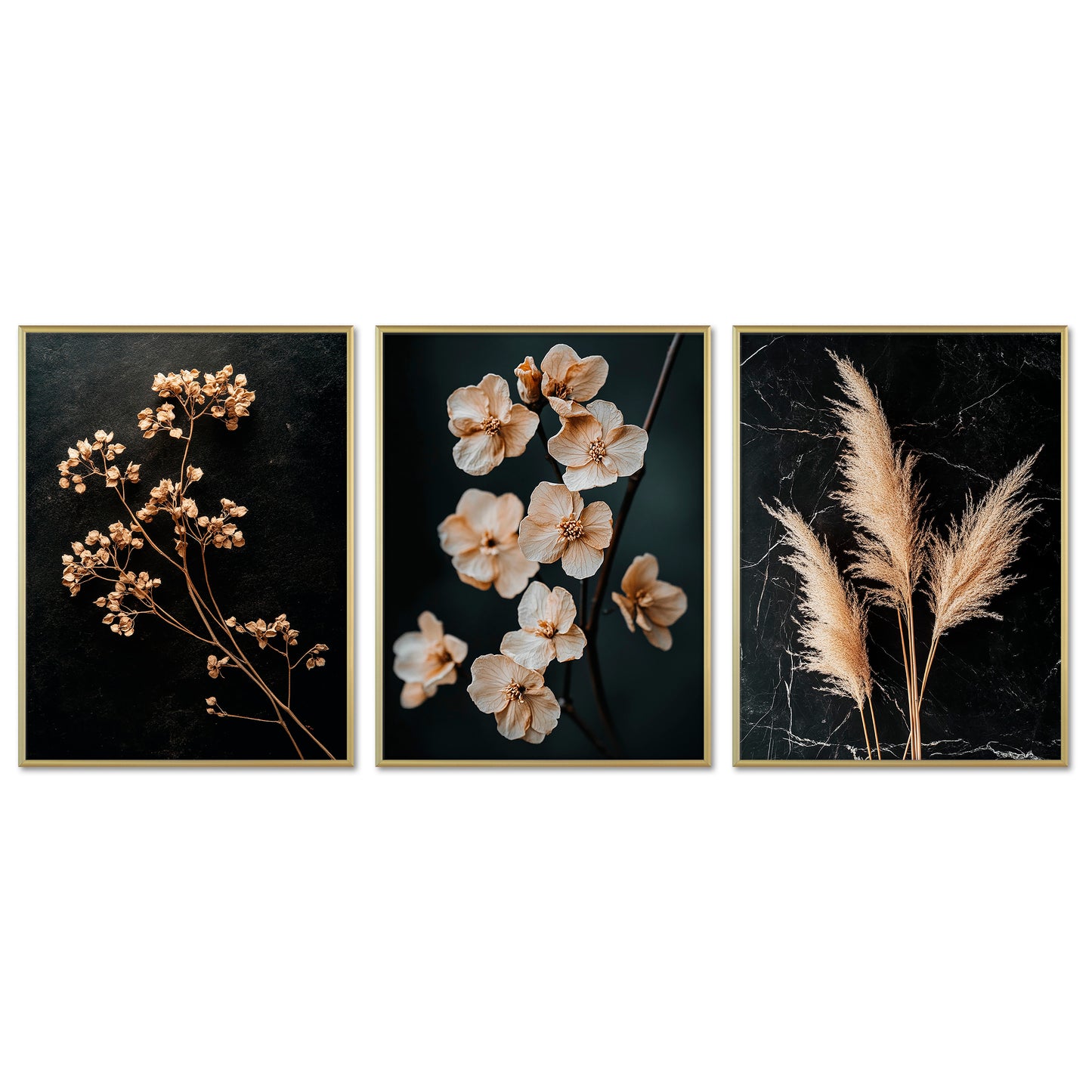 Poster Set - Dark Flowers 2 - 3 Deko Wandbilder Trockenblumen, schwarz-beige, Blumen, elegant