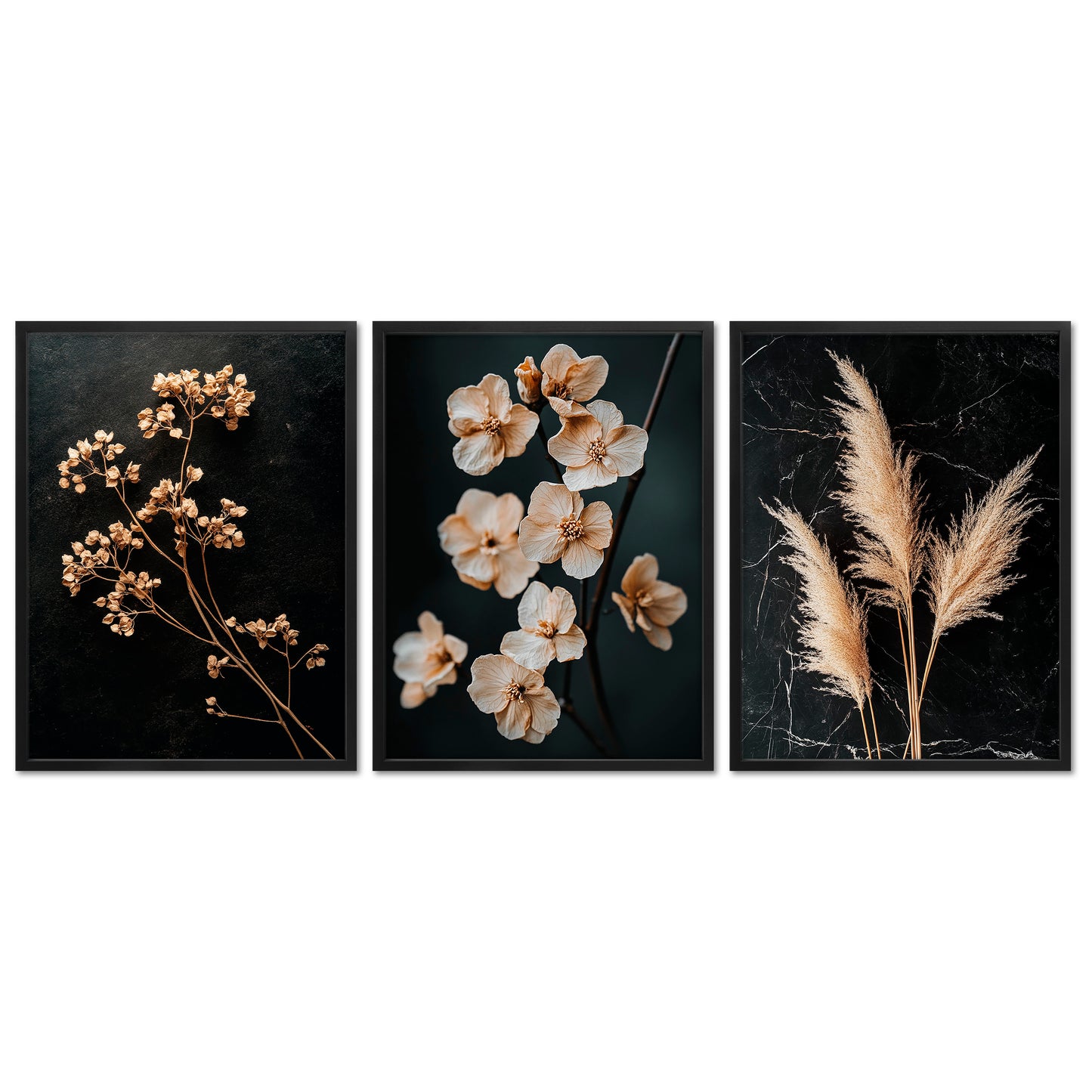 Poster Set - Dark Flowers 2 - 3 Deko Wandbilder Trockenblumen, schwarz-beige, Blumen, elegant