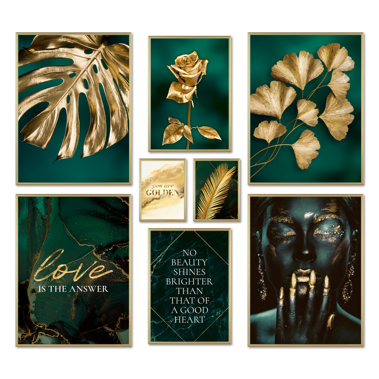 Poster Set - GOLDEN LEAVES I Plant Wall Art Green-Petrol-Gold