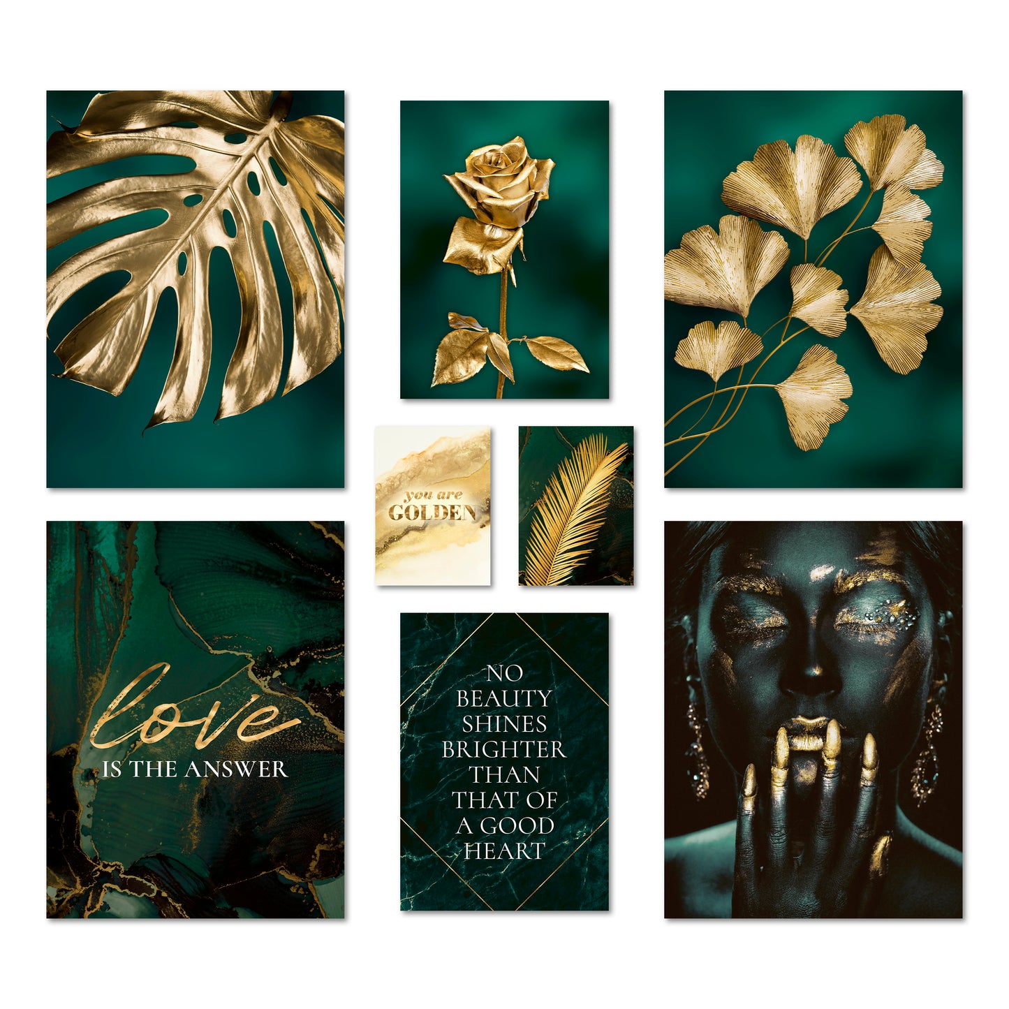 Poster Set - GOLDEN LEAVES I Plant Wall Art Green-Petrol-Gold