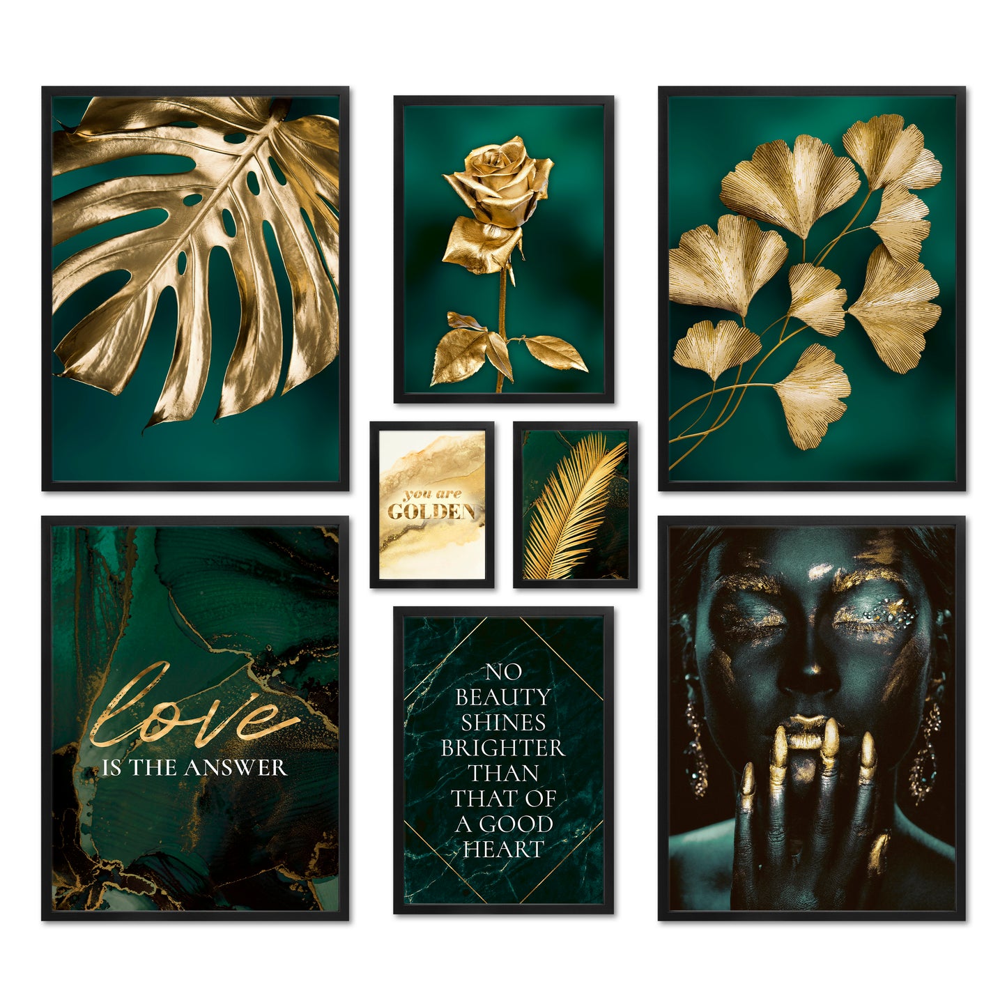 Poster Set - GOLDEN LEAVES I Plant Wall Art Green-Petrol-Gold