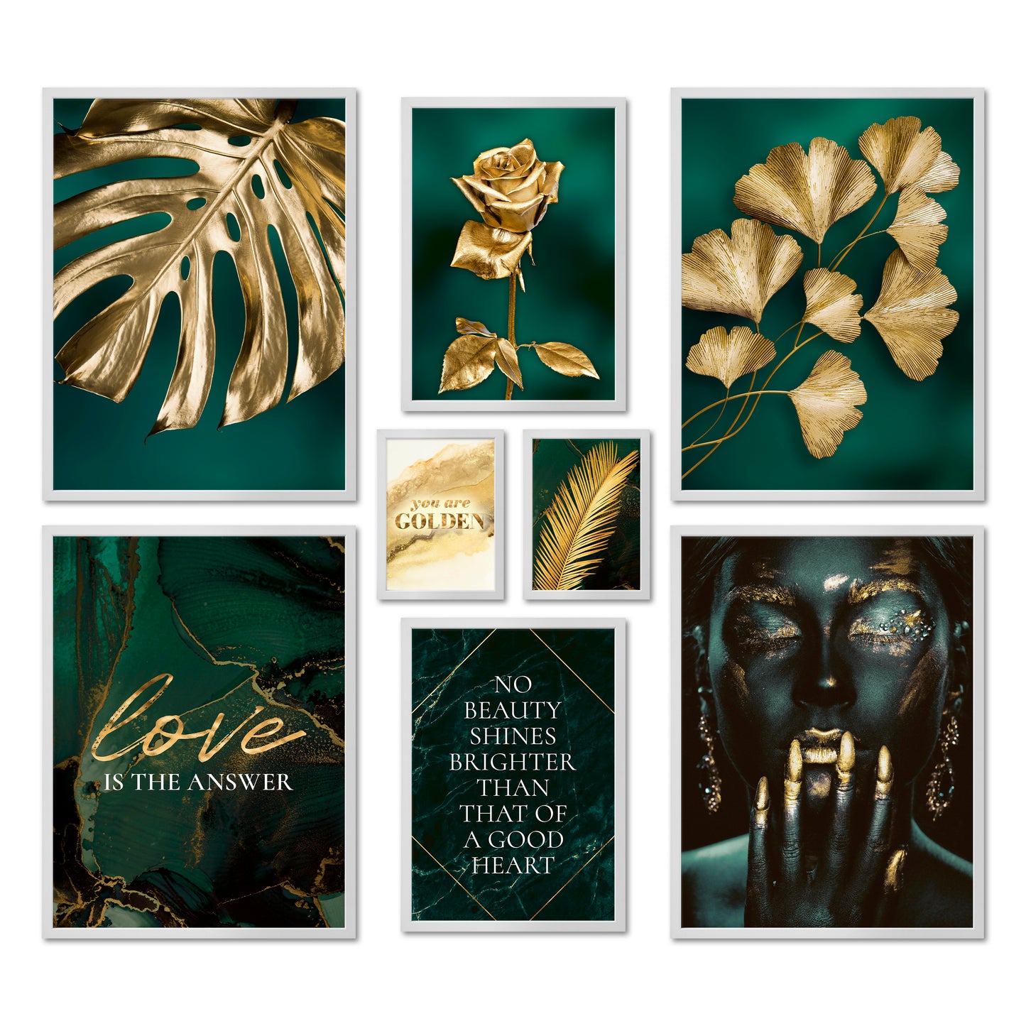 Poster Set - GOLDEN LEAVES I Plant Wall Art Green-Petrol-Gold