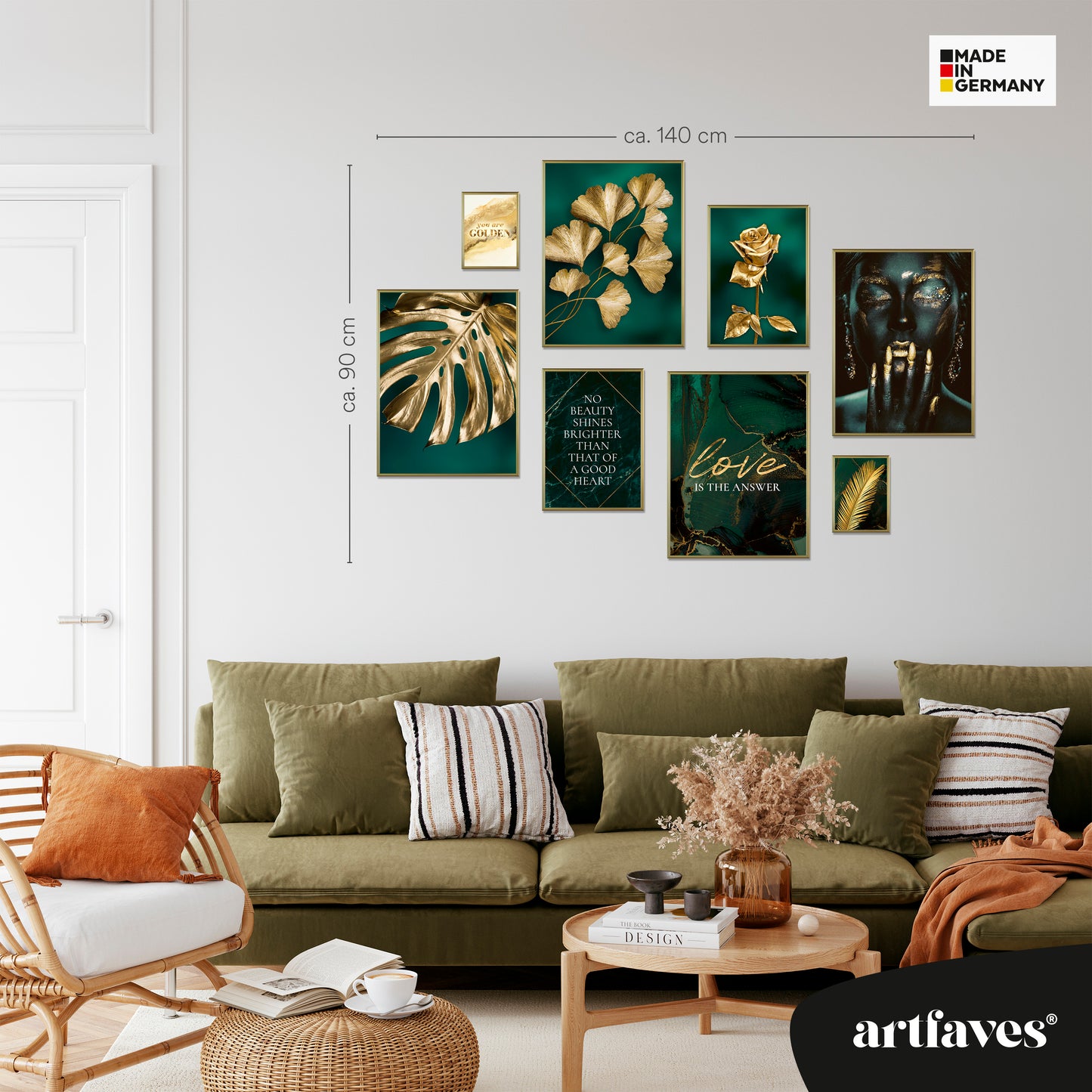 Poster Set - GOLDEN LEAVES I Plant Wall Art Green-Petrol-Gold
