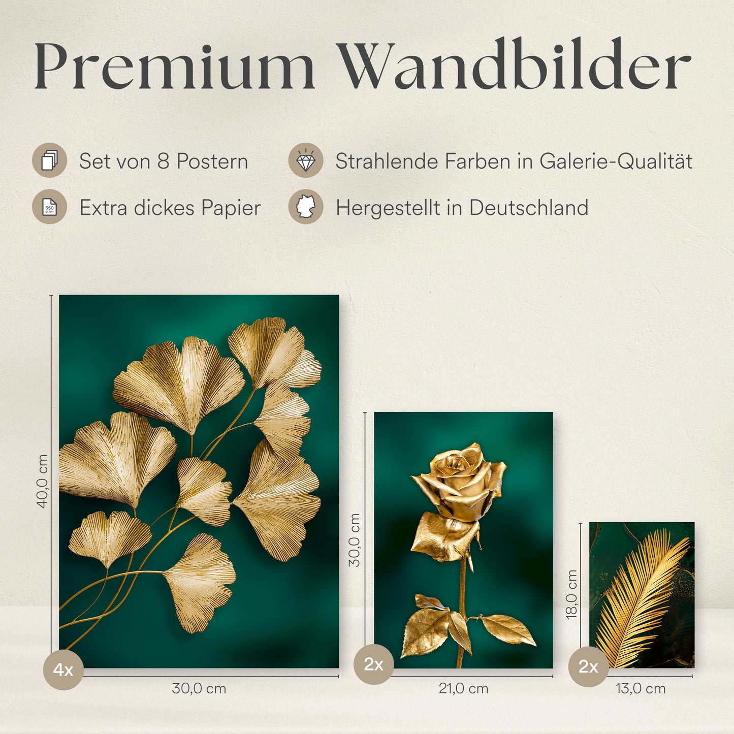 Poster Set - GOLDEN LEAVES I Plant Wall Art Green-Petrol-Gold