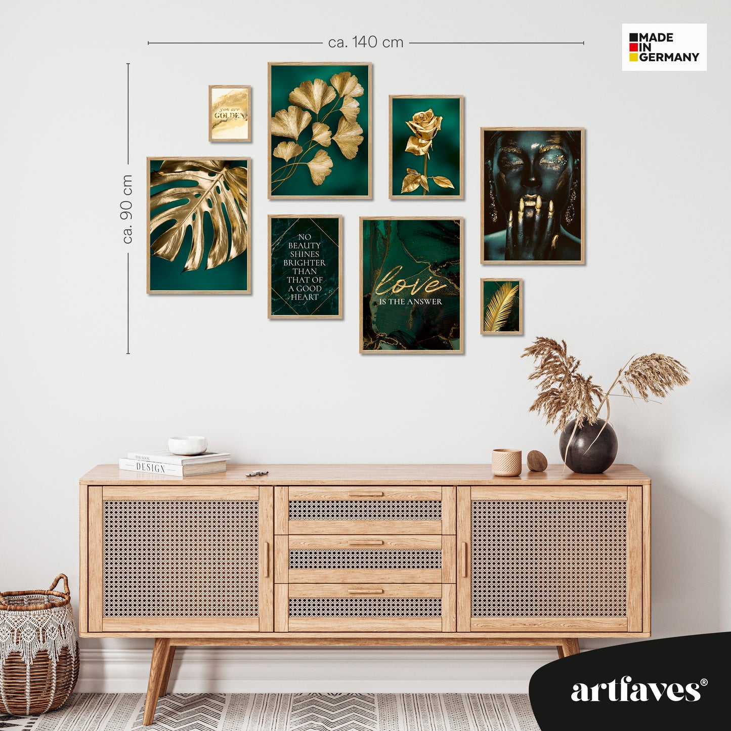 Poster Set - GOLDEN LEAVES I Plant Wall Art Green-Petrol-Gold