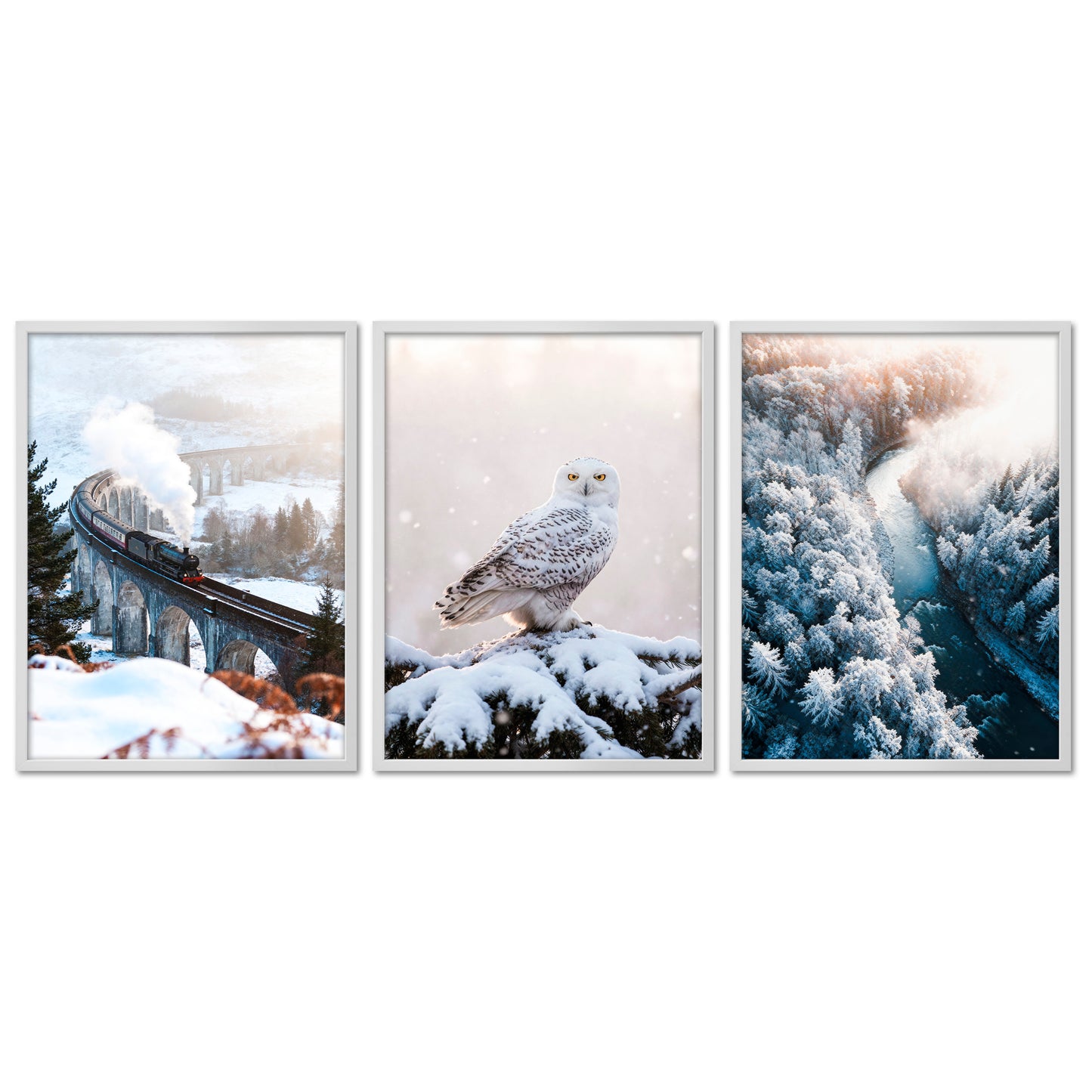 Poster Set - Winter Momente 3 - 3 Deko Wandbilder Glenfinnan Viaduct Schneeeule