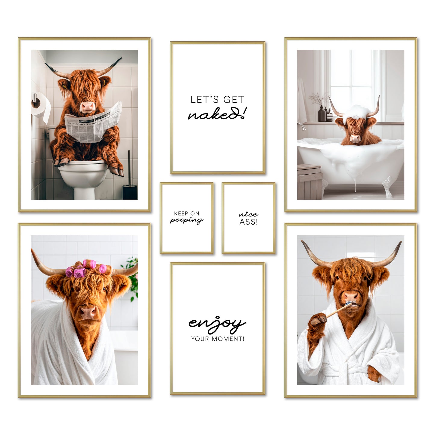 Poster Set - FUNNY BATHROOM I Bathroom Wall Art Funny Cow Highland Cattle