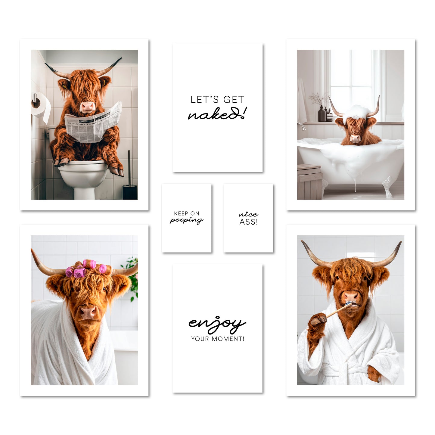 Poster Set - FUNNY BATHROOM I Bathroom Wall Art Funny Cow Highland Cattle