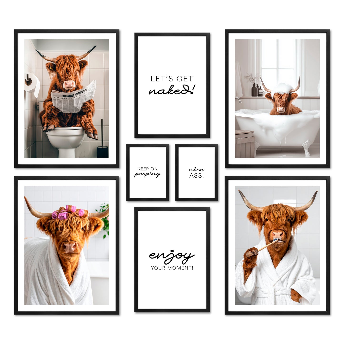 Poster Set - FUNNY BATHROOM I Bathroom Wall Art Funny Cow Highland Cattle
