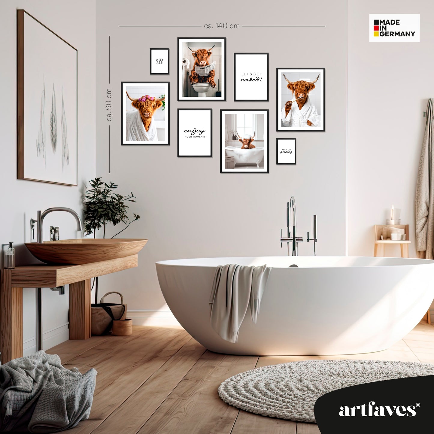 Poster Set - FUNNY BATHROOM I Bathroom Wall Art Funny Cow Highland Cattle