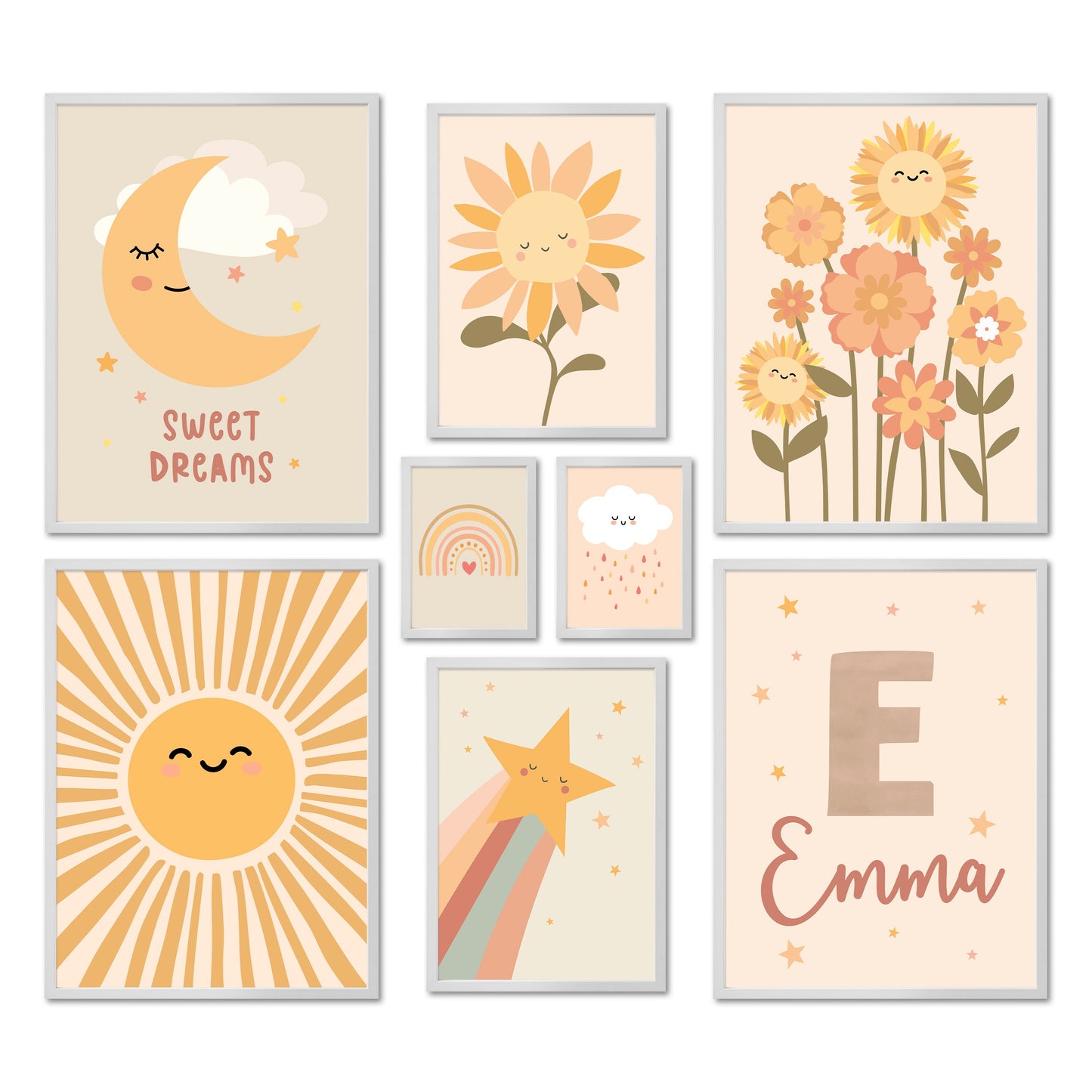 Poster Set - Happy Kids Nature - Deko Wandbilder kinderzimmer, pflanzen, mond, sonne, pastell