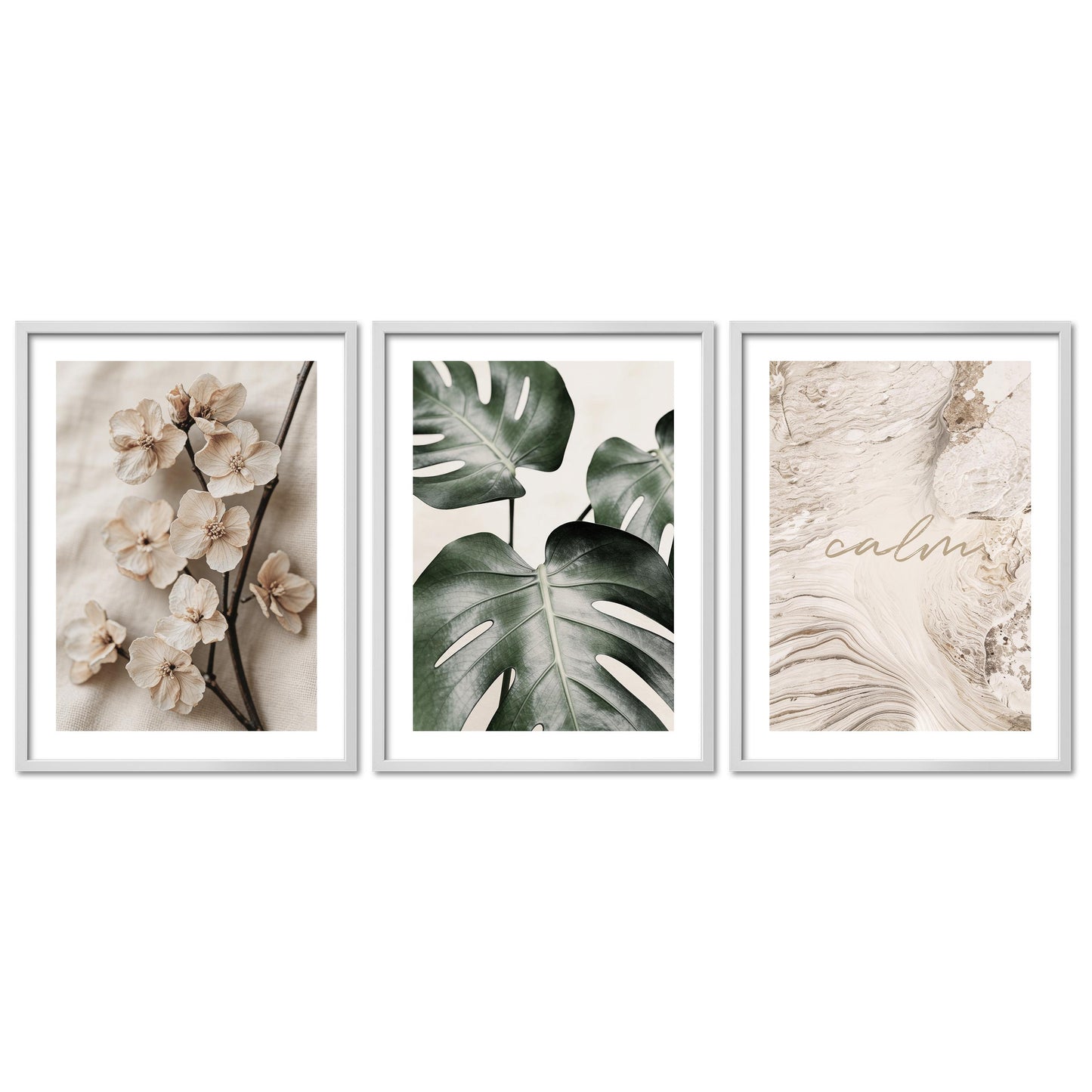 Poster Set Beige Green Calmness Trio I mehrteilige Bilderwand I Wandbilder Elegant