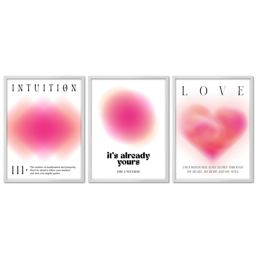 Poster Set - Aura Trio Magenta - 3 Deko Wandbilder rosa, pink, Affirmationen, Achtsamkeit