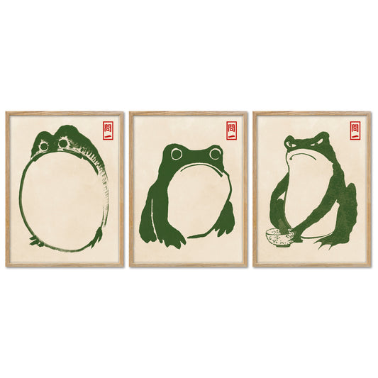Poster Set - Hoji Frogs Green - 3 Deko Wandbilder Kunst, Frösche, Matsumoto Hoji