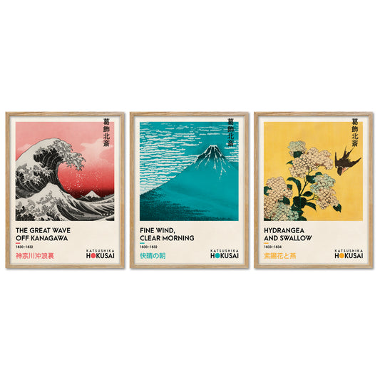 Poster Set - Art Galerie Hokusai - 3 Deko Wandbilder Kunst, Katsushika Hokusai, Welle