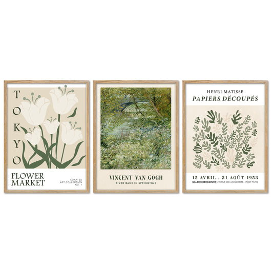 Poster Set - Art Galerie Green Botanic - 3 Deko Wandbilder grün, Pflanzen, Van Gogh, Flower Market