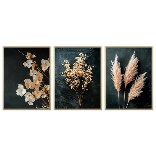 Poster Set - Dark Flowers 1 - 3 Deko Wandbilder Trockenblumen, schwarz-beige, Blumen, elegant