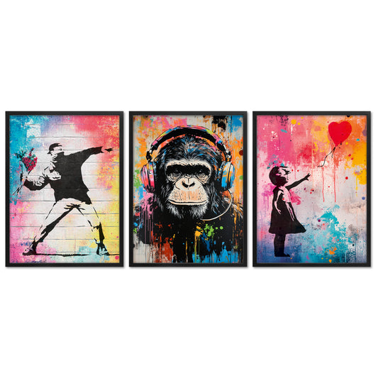 Poster Set - Colorful Banksy - 3 Deko Wandbilder Kunst, bunt, Street-Art, Urban, Graffiti