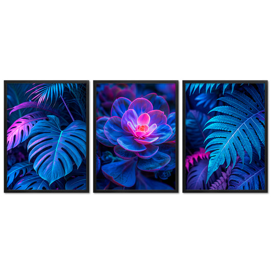 Poster Set - Futuristic Neon Plants Trio - 3 Deko Wandbilder Wald, Pflanzen, lila, biolumineszenz