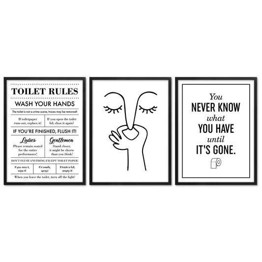 Poster Set - Toilet Fun - 3 Deko Wandbilder witzig, schwarz-weiss