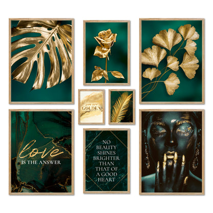 Poster Set - GOLDEN LEAVES I Plant Wall Art Green-Petrol-Gold