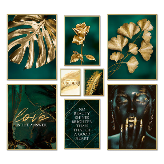 Poster Set - GOLDEN LEAVES I Pflanzen Wandbilder Grün-Petrol-Gold