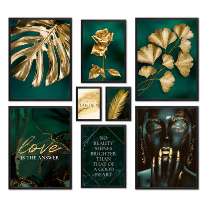 Poster Set - GOLDEN LEAVES I Plant Wall Art Green-Petrol-Gold