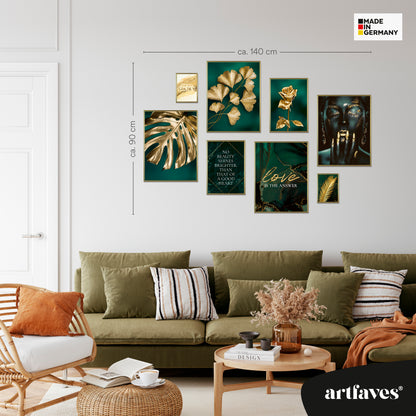 Poster Set - GOLDEN LEAVES I Plant Wall Art Green-Petrol-Gold