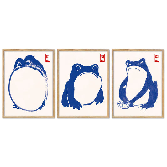 Poster Set - Hoji Frogs Blue - 3 Deko Wandbilder Kunst, Frösche, Matsumoto Hoji