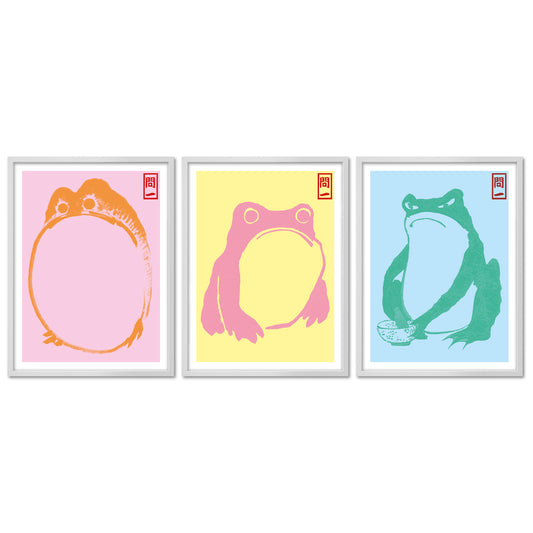 Poster Set - Hoji Frogs Dopamine - 3 Deko Wandbilder Kunst, Frösche, Matsumoto Hoji