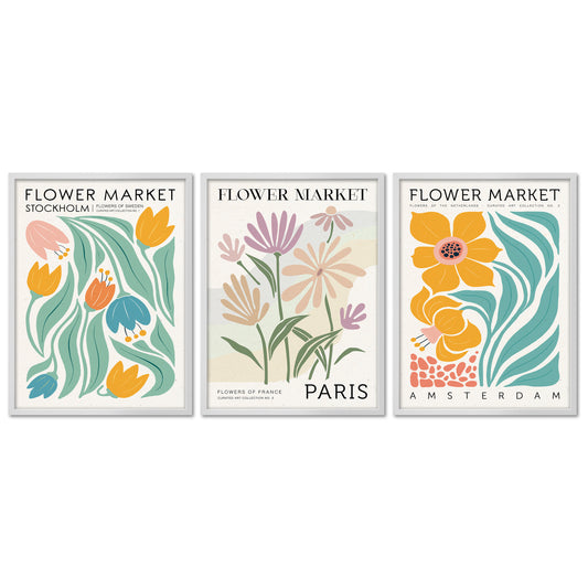 Poster Set - Flower Market Trio 1 - 3 Deko Wandbilder Blumen, pastell, Blumenmarkt Plakate, abstrakt