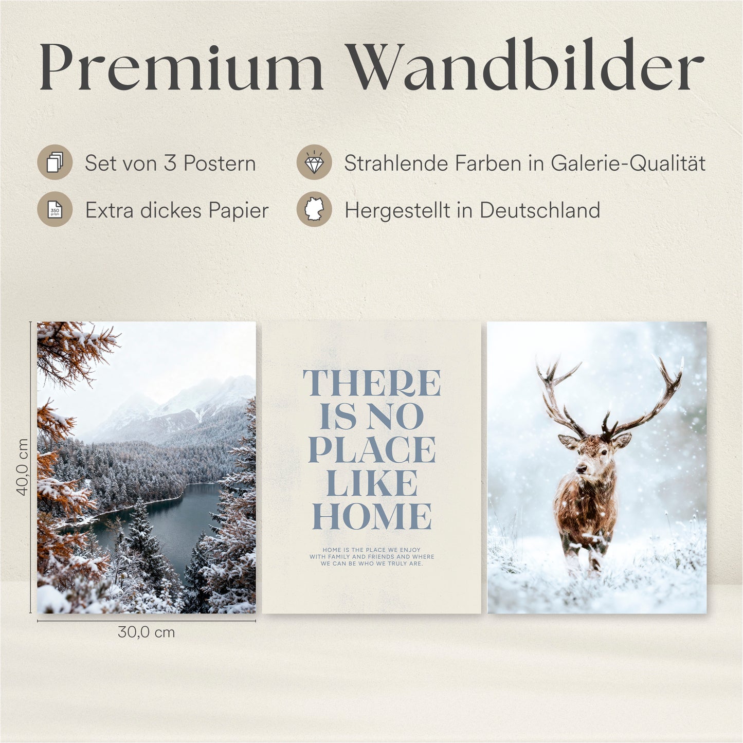 Poster Set - Winter Momente 1 - 3 Deko Wandbilder Hirsch See