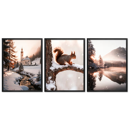 Poster Set - Winter Momente 2 - 3 Deko Wandbilder Kirche Eichhörnchen See
