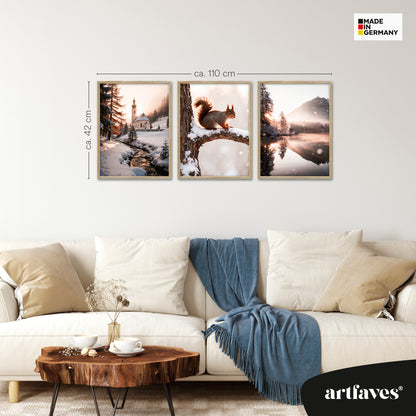 Poster Set - Winter Momente 2 - 3 Deko Wandbilder Kirche Eichhörnchen See