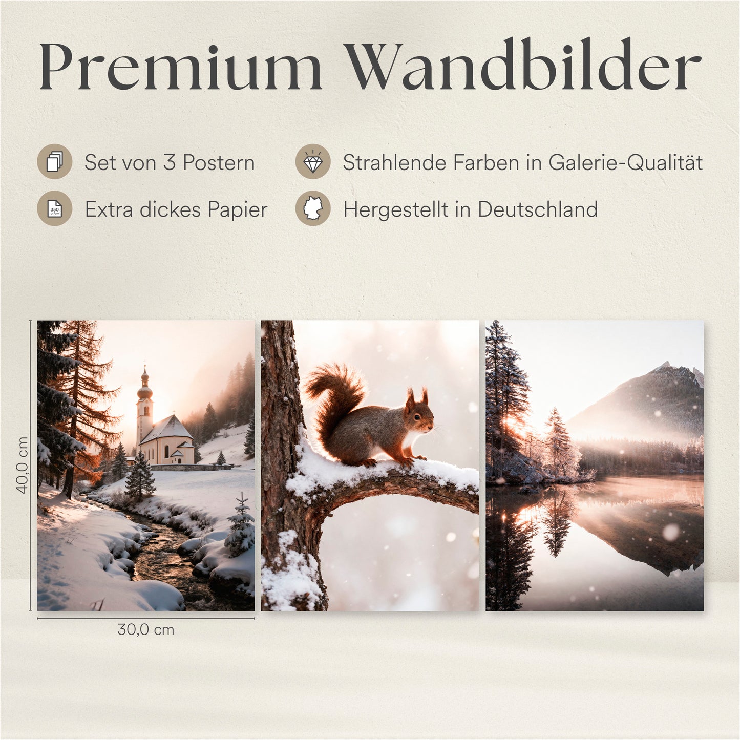 Poster Set - Winter Momente 2 - 3 Deko Wandbilder Kirche Eichhörnchen See