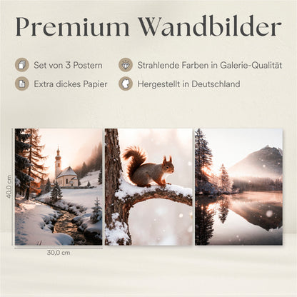 Poster Set - Winter Momente 2 - 3 Deko Wandbilder Kirche Eichhörnchen See