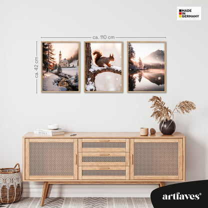 Poster Set - Winter Momente 2 - 3 Deko Wandbilder Kirche Eichhörnchen See