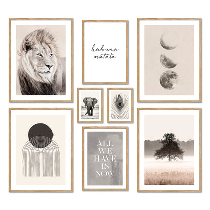 Poster Set - BEIGE WILDERNESS I Natur Wandbilder Löwe Mondphasen