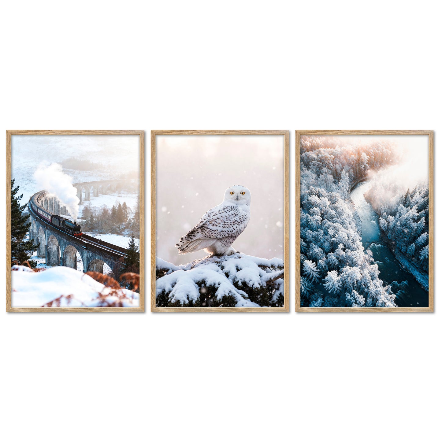 Poster Set - Winter Momente 3 - 3 Deko Wandbilder Glenfinnan Viaduct Schneeeule