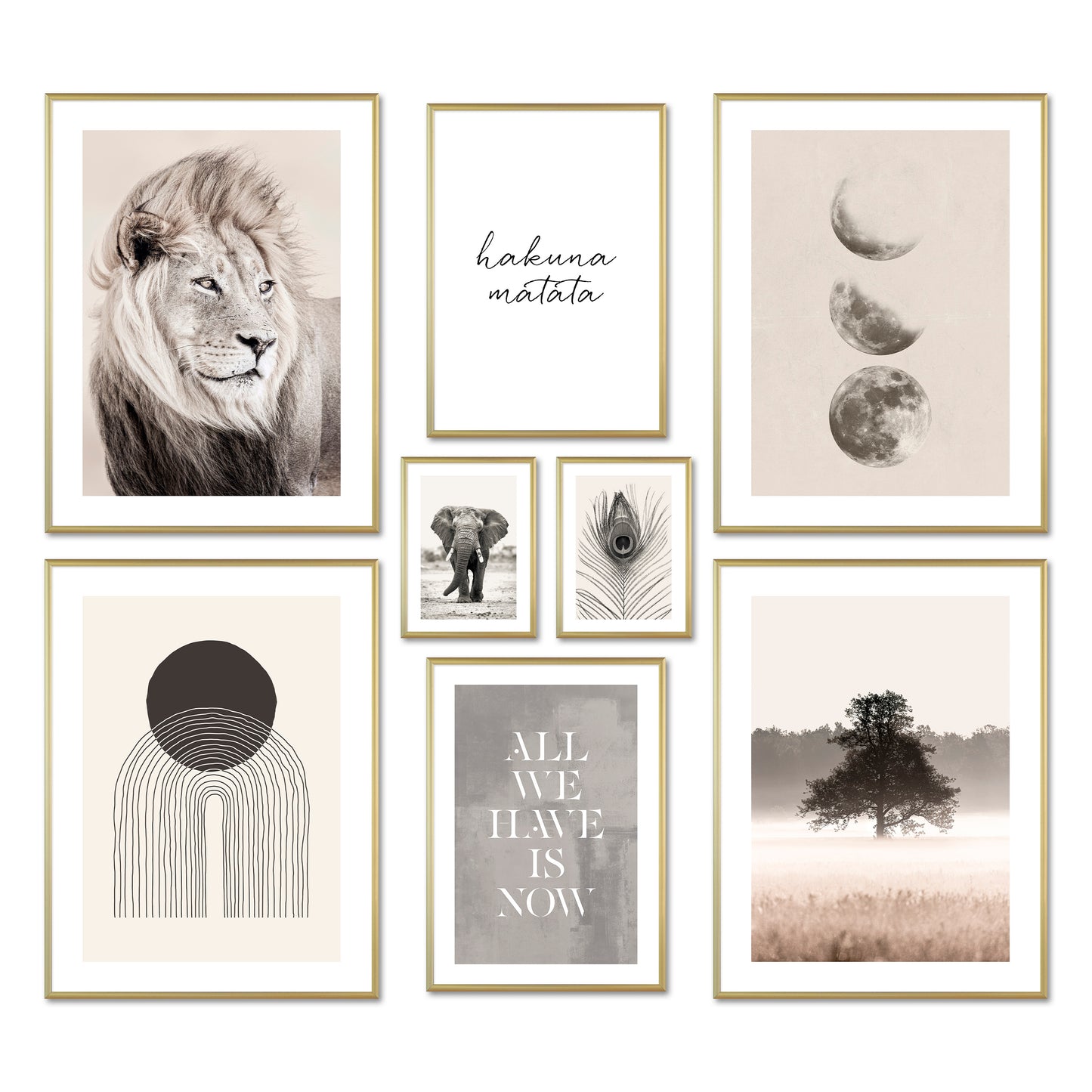 Poster Set - BEIGE WILDERNESS I Natur Wandbilder Löwe Mondphasen