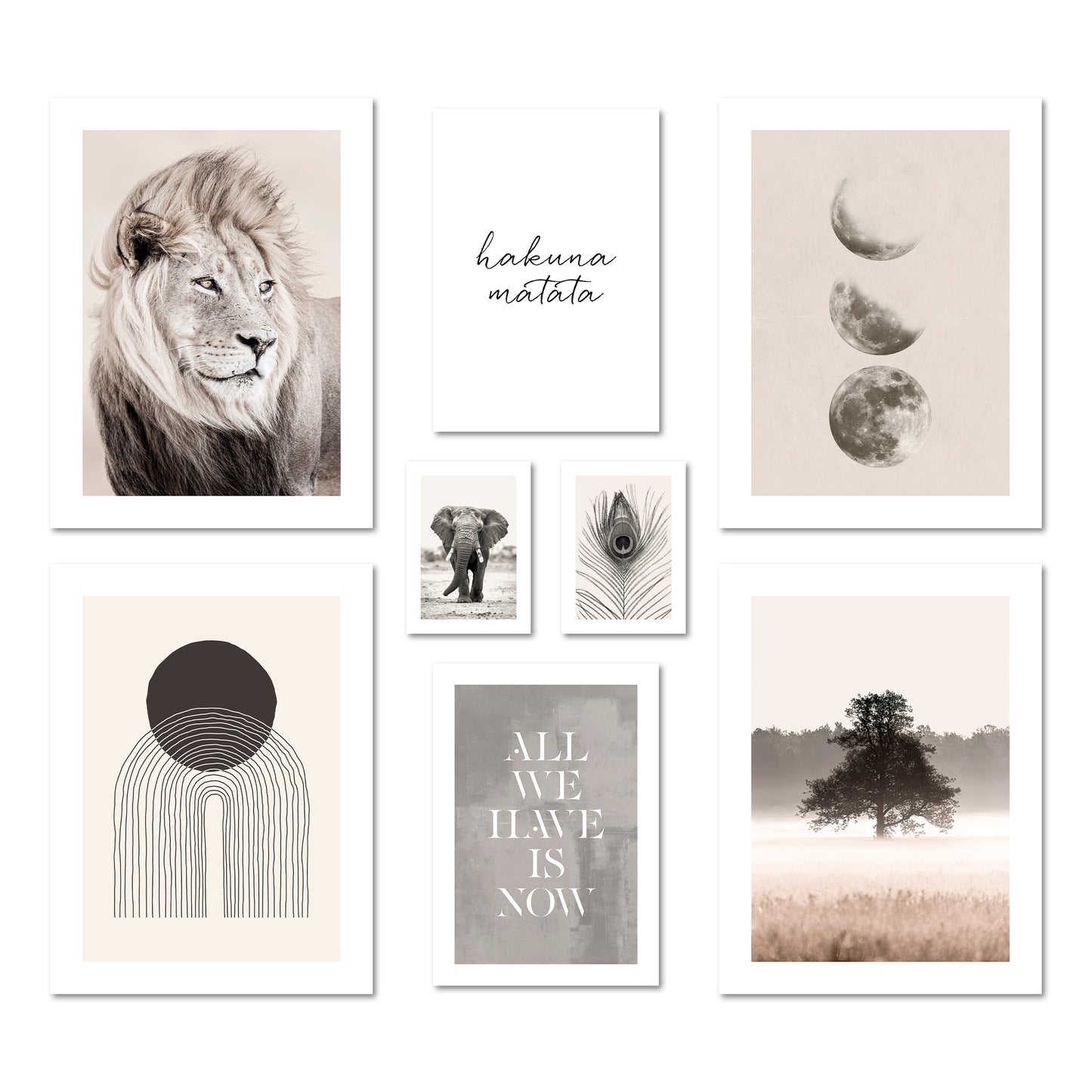 Poster Set - BEIGE WILDERNESS I Natur Wandbilder Löwe Mondphasen