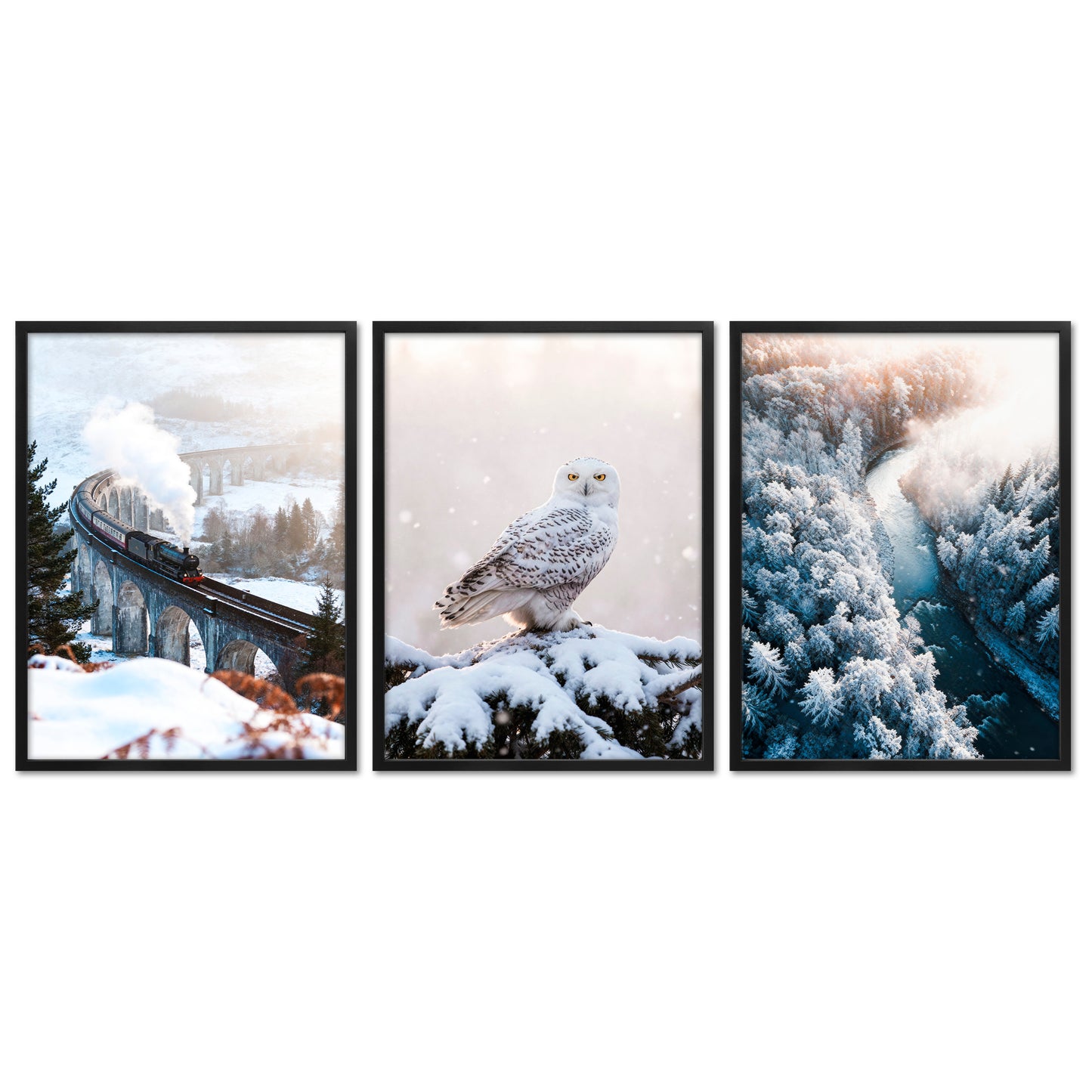 Poster Set - Winter Momente 3 - 3 Deko Wandbilder Glenfinnan Viaduct Schneeeule