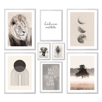 Poster Set - BEIGE WILDERNESS I Natur Wandbilder Löwe Mondphasen