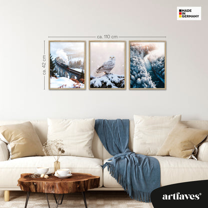 Poster Set - Winter Momente 3 - 3 Deko Wandbilder Glenfinnan Viaduct Schneeeule