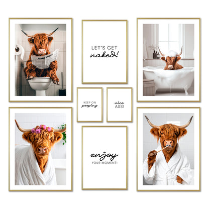Poster Set - FUNNY BATHROOM I Bathroom Wall Art Funny Cow Highland Cattle