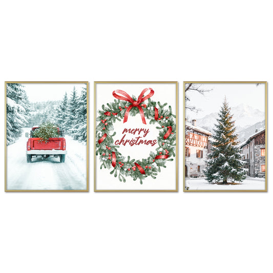 Poster Set - Merry Christmas - 3 Deko Wandbilder Weihnachten Schnee Winter