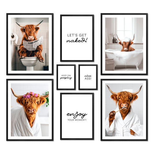 Poster Set - FUNNY BATHROOM I Badezimmer Wandbilder witzige Kuh Hochlandrind