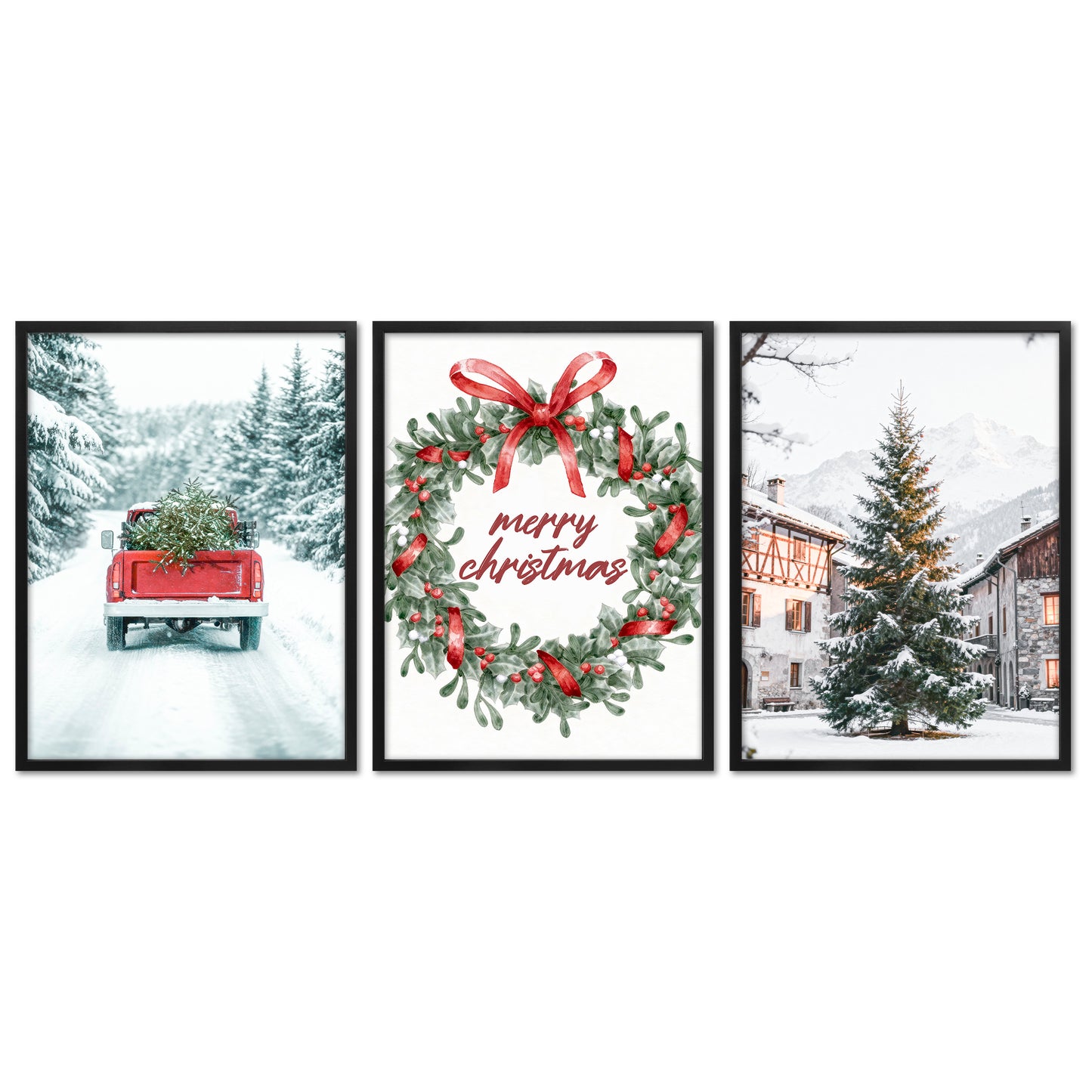 Poster Set - Merry Christmas - 3 Deko Wandbilder Weihnachten Schnee Winter