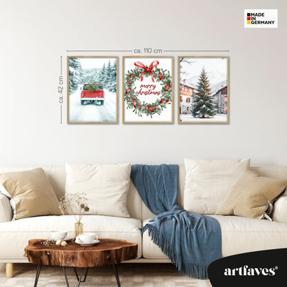 Poster Set - Merry Christmas - 3 Deko Wandbilder Weihnachten Schnee Winter